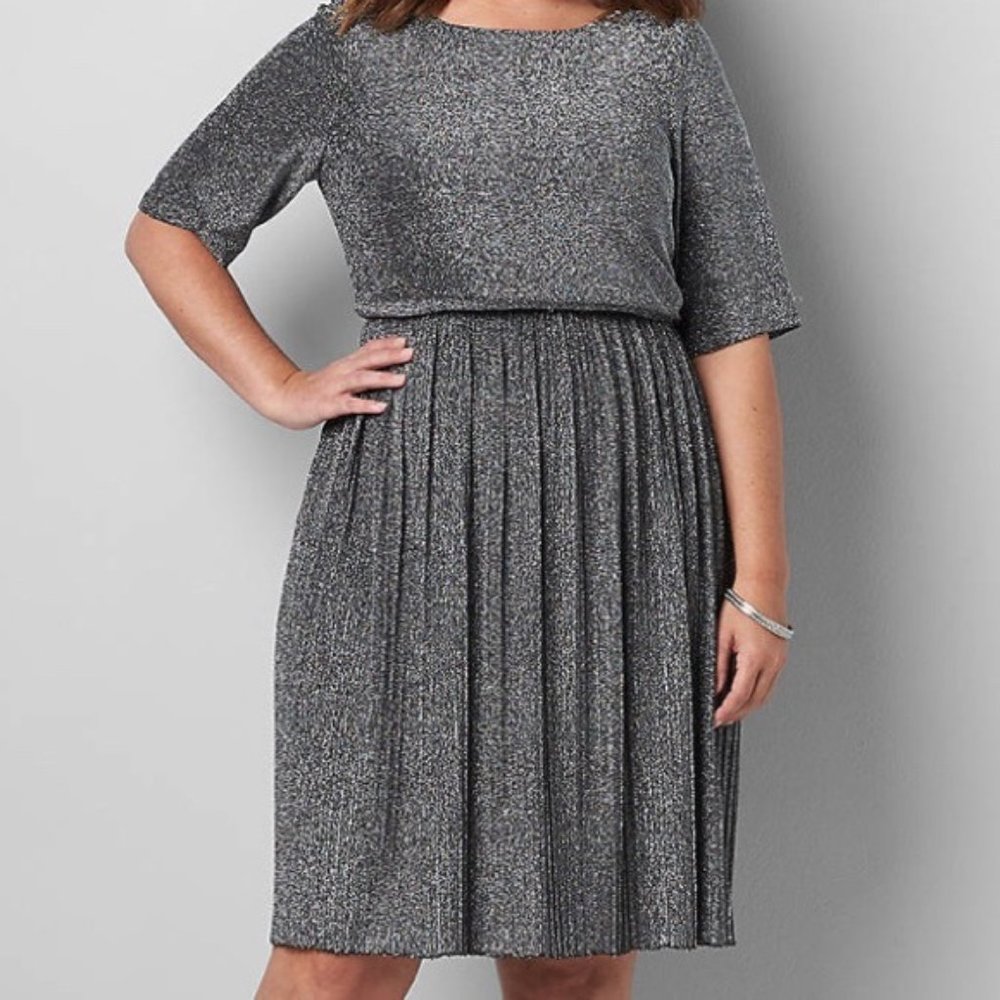 NWT Lane Bryant Metallic Sparkle Silver Fit & Flare Dress with Elastic Waistband